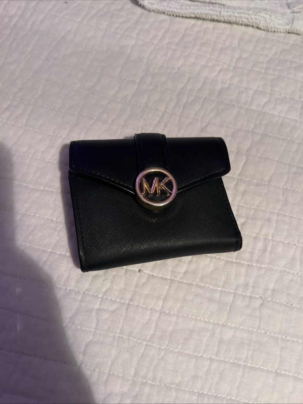 Michael Kors Black Leather Compact Wallet with Gold MK Logo